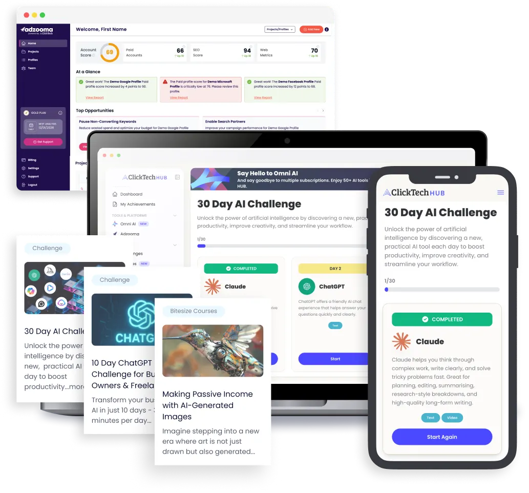 Omni AI and ClickTech HUB shown across laptop and phone
