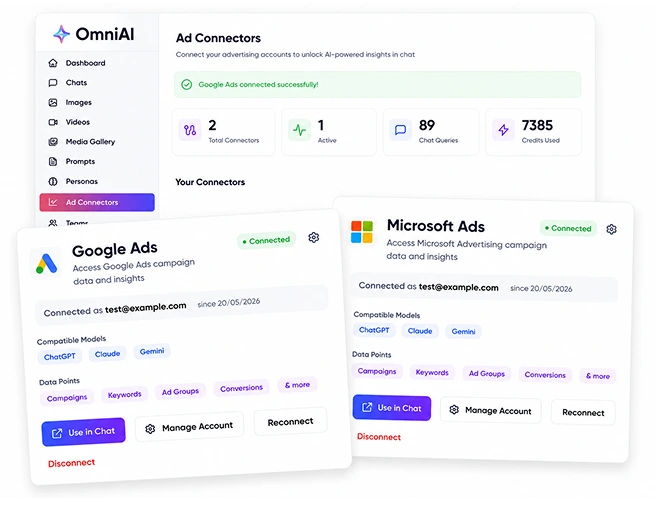 OmniAI dashboard with connected Google Ads and Microsoft Ads accounts