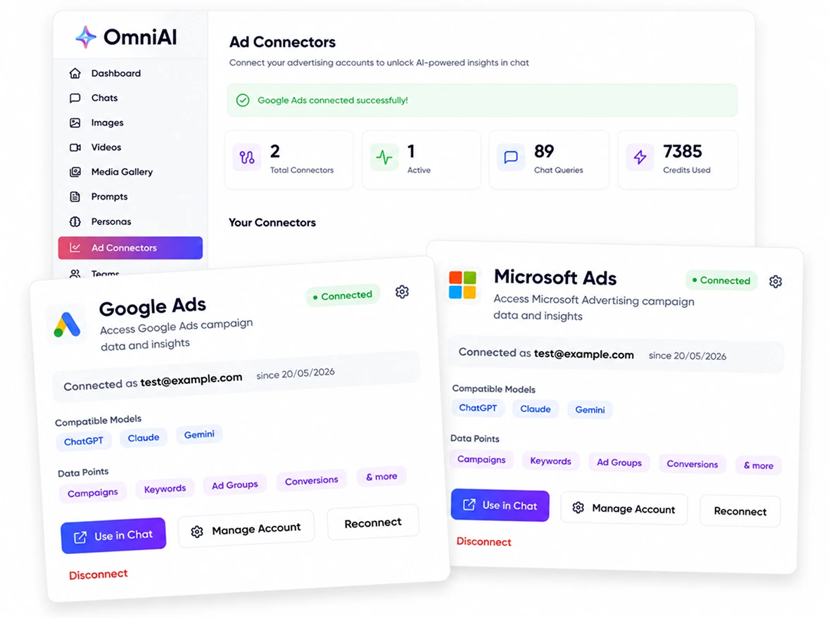 OmniAI dashboard with connected Google Ads and Microsoft Ads accounts