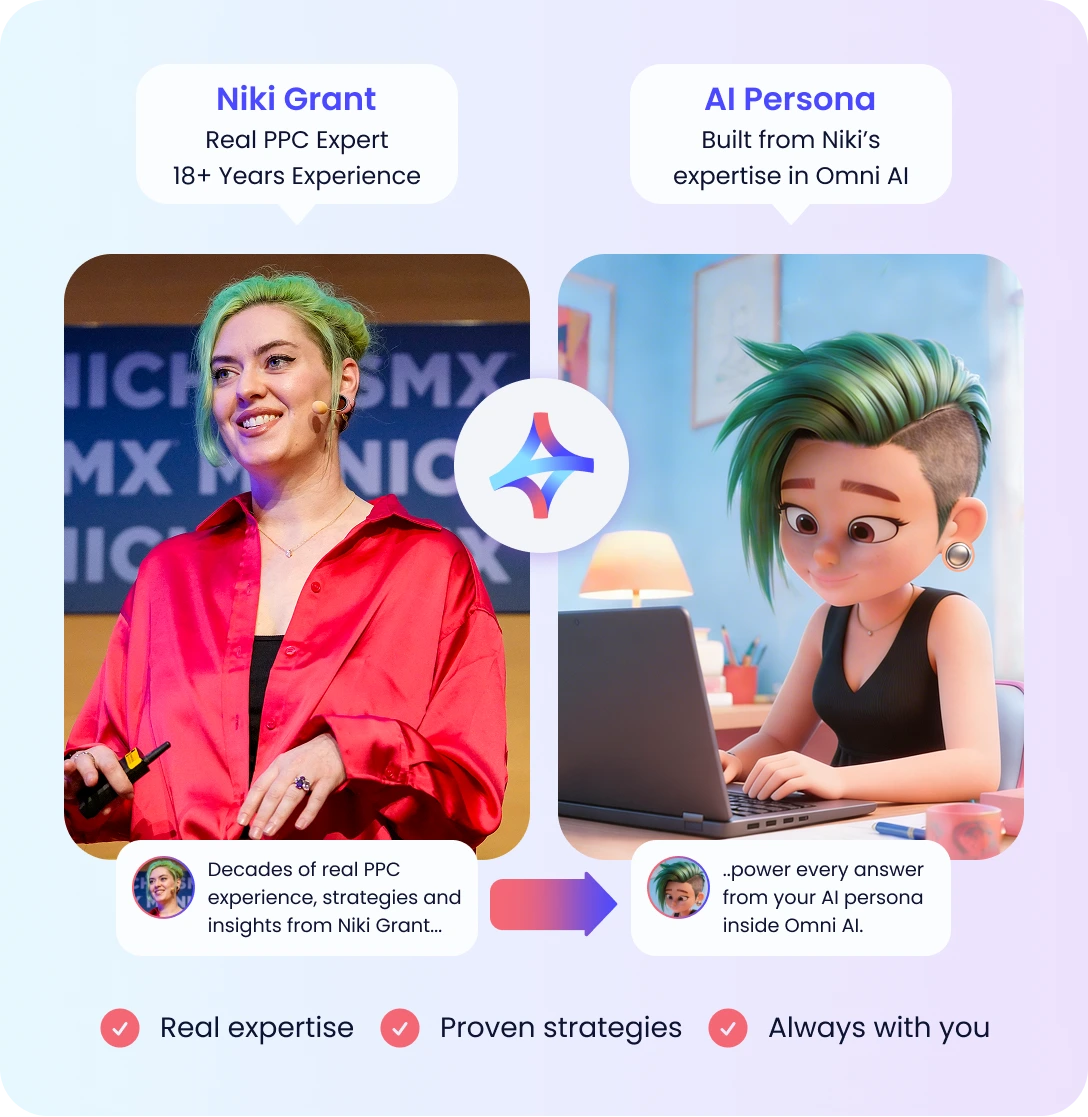 Niki Grant, real PPC expert, and her AI persona inside Omni AI